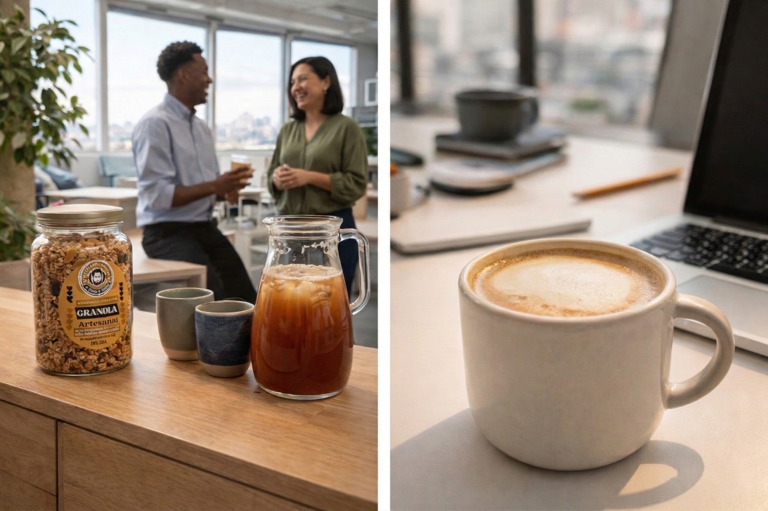 Compañeros de trabajo compartiendo granola artesanal y jarra de té en oficina, junto a taza de chai latte con mensaje sobre el apoyo a la independencia de Kai.