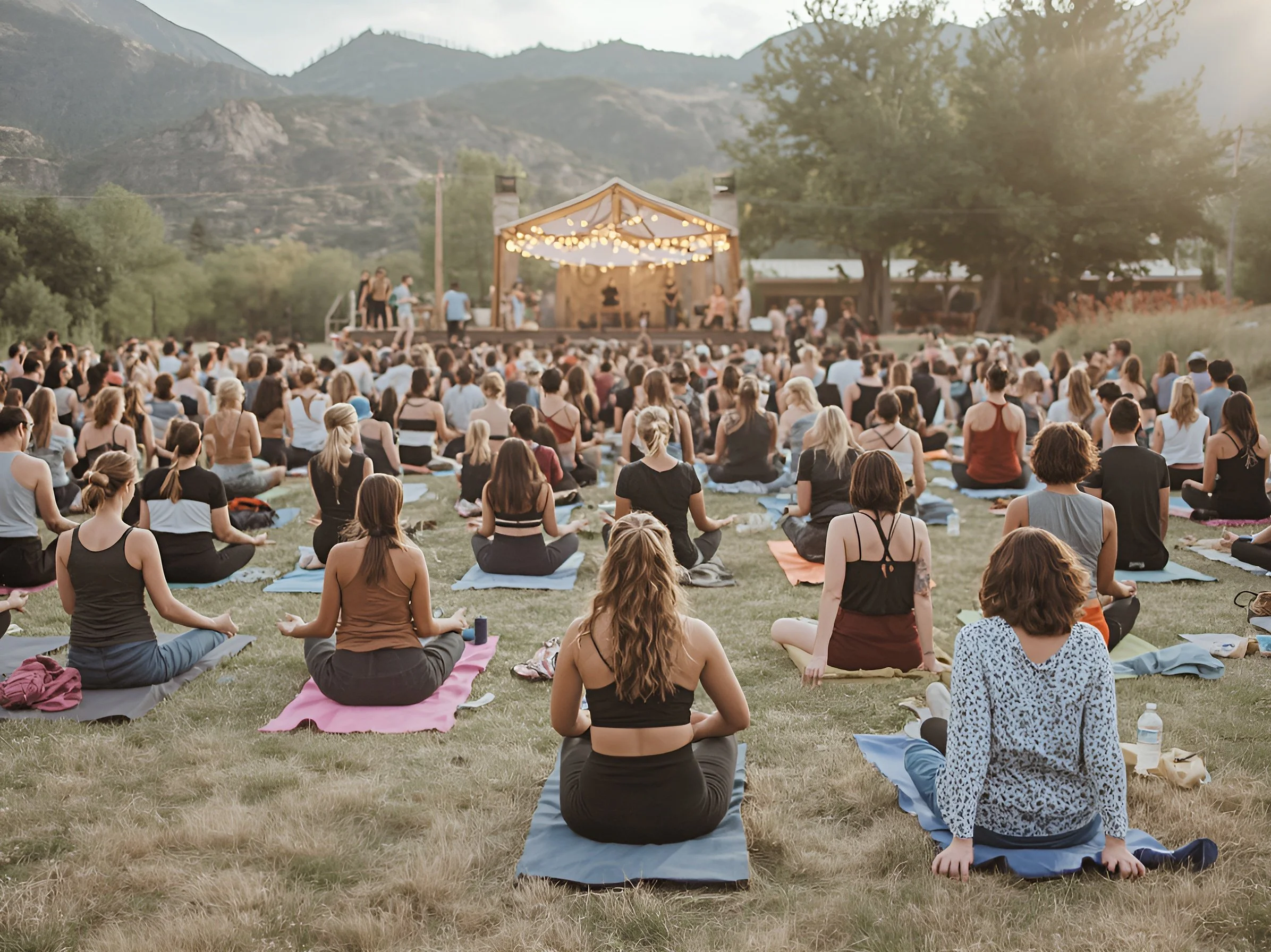 Yoga outside big stage on grass