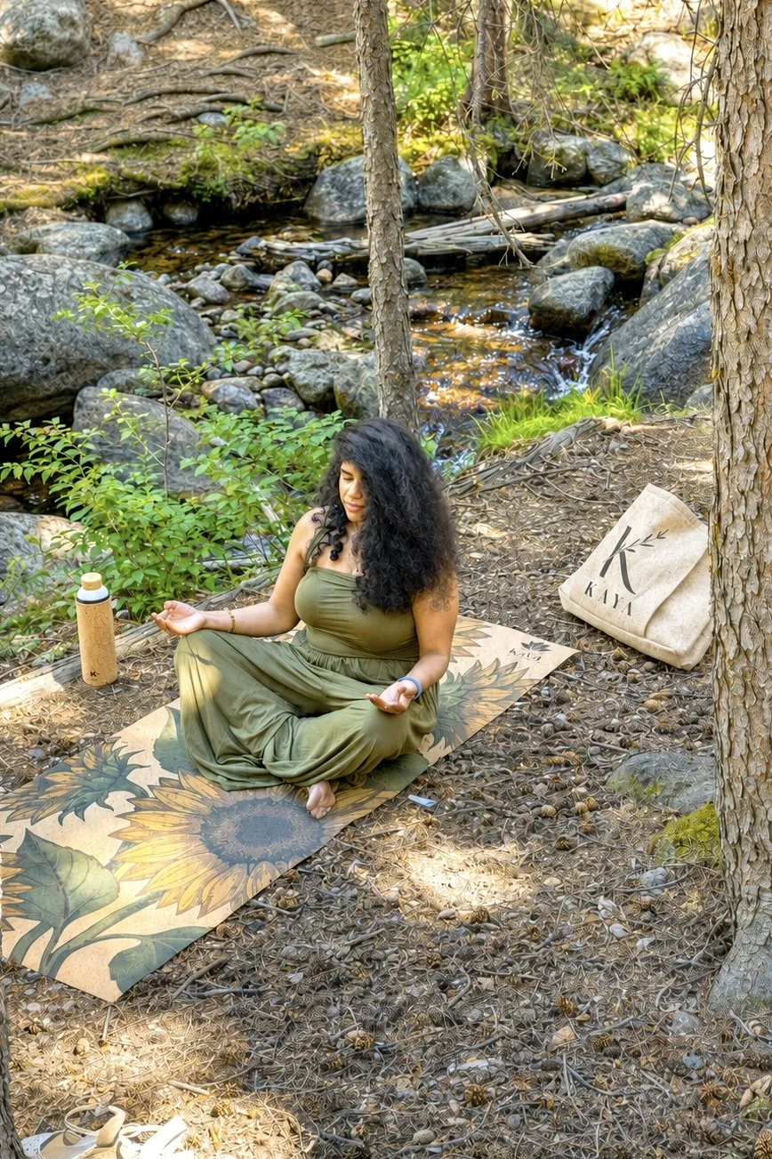 woman sitting in meditatin on sunflower designed cork yoga mat in the woods.