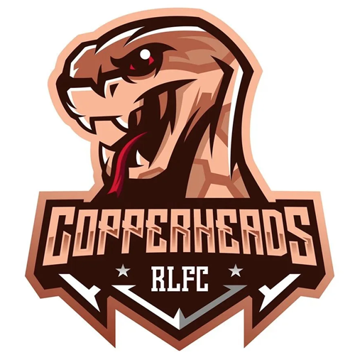 A sports team logo featuring a fierce T-Rex dinosaur with red eyes and an open mouth showing sharp teeth. Text on the logo reads 'Coppersheds RLFC' with a shield design and decorative elements.