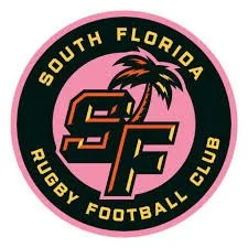 South Florida Rugby Football Club logo with pink background, black circle, and palm tree.