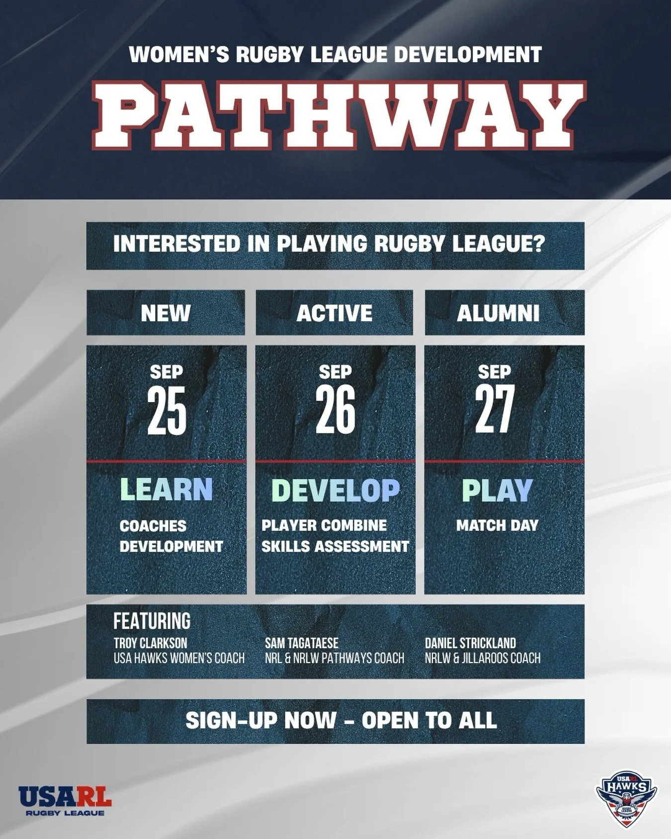 🏉🇺🇸 USARL Women&rsquo;s Rugby League Development Pathway Event

Join us in Los Angeles, September 25&ndash;27 for a weekend of learning, development, and match play!

LEARN | DEVELOP | PLAY
📅 Sept. 25 &ndash; Coach Development
📅 Sept. 26 &ndash;