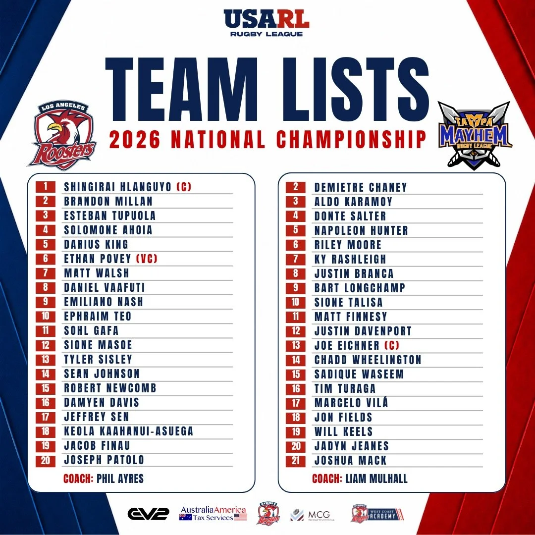 The teams are set for the 2026 USARL Men&rsquo;s National Championship🔥

The Los Angeles Roosters and Tampa Mayhem have named their squads ahead of Saturday&rsquo;s title match!

Saturday, August 29
4:00 PM PST / 7:00 PM EST

Watch live on the USARL