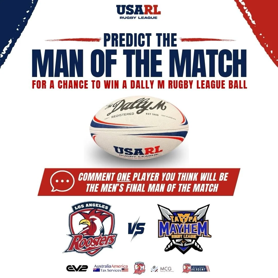 🏉 PREDICT THE MAN OF THE MATCH &amp; WIN!

Who will be named the Dally M Man of the Match in the 2026 USARL Men&rsquo;s National Championship?

Comment below with ONE player from the Los Angeles Roosters or Tampa Mayhem before kickoff.

Everyone who