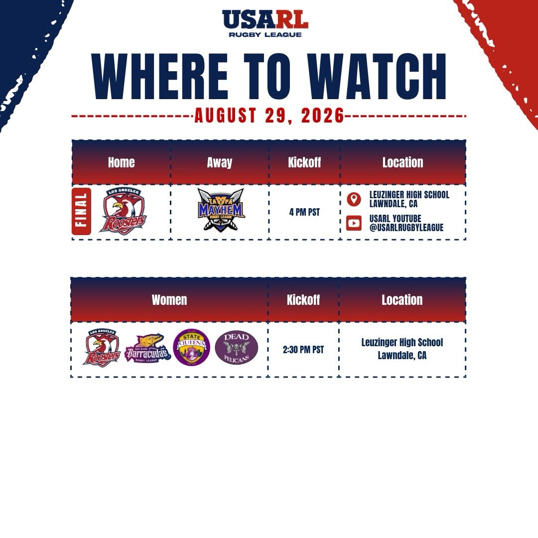 🏉 Championship Saturday is here!

A full day of Rugby League is set in Los Angeles, with the Women&rsquo;s Event opening the action before the 2026 USARL Men&rsquo;s National Championship between the Los Angeles Roosters and Tampa Mayhem.

Women&rsq