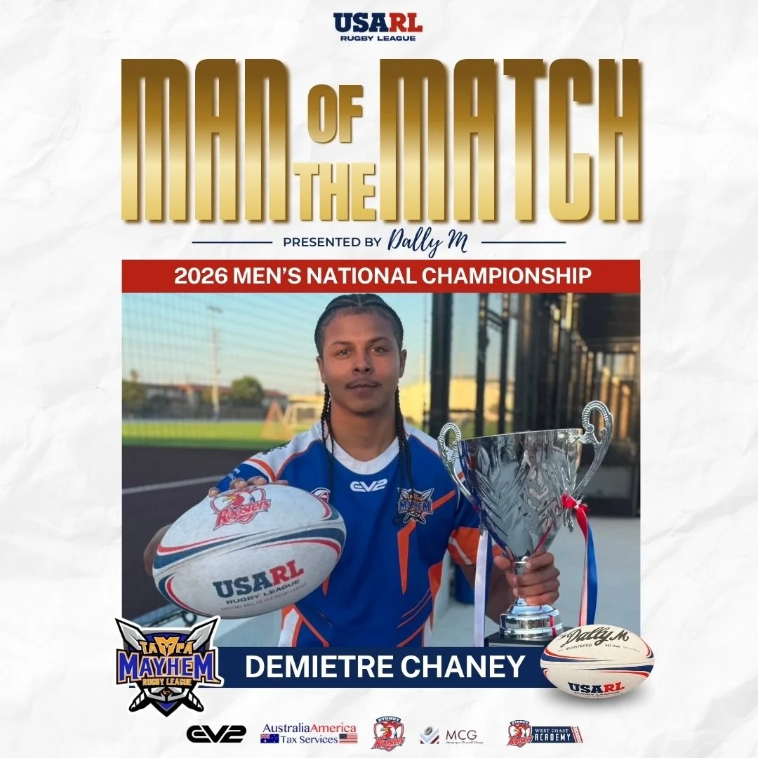 🏉🏆 2026 USARL Men&rsquo;s National Championship Man of the Match - Demietre Chaney!

With Tampa trailing 26&ndash;16 in the second half, Demietre Chaney helped spark the Mayhem comeback, including a breakaway try after scooping up a loose ball on t
