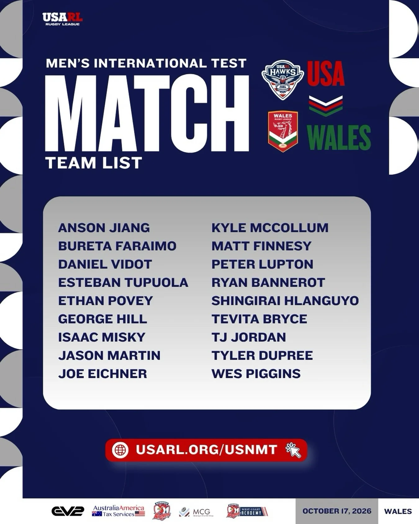 🇺🇸🏉 USA Hawks Men&rsquo;s Team List Announced

Following the extended squad announcement, the 18-man team has now been named for the USA Hawks Men&rsquo;s International Test against Wales this October!

Meet the players representing the USA and ex