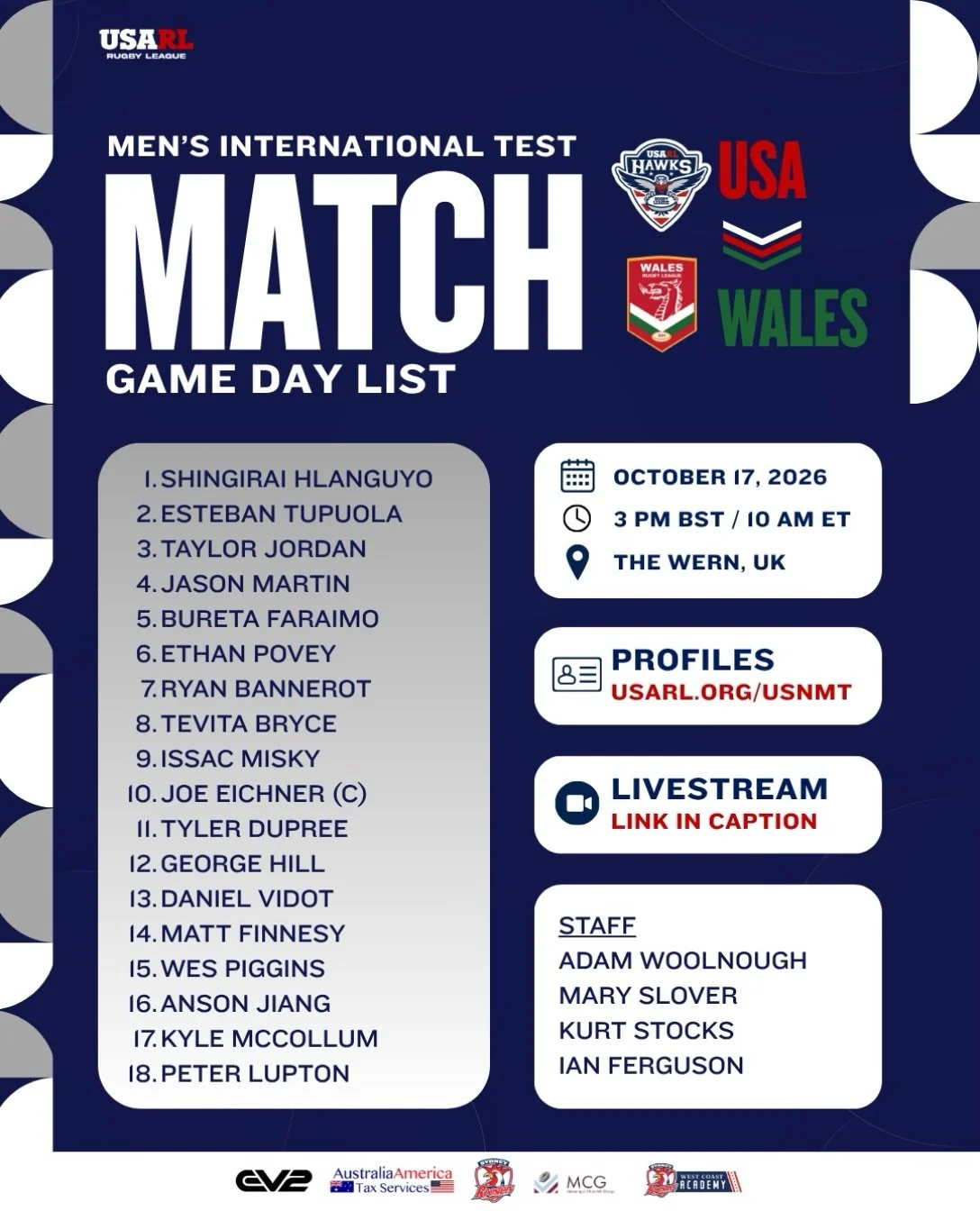 🇺🇸🏉 GAME DAY

The USA Hawks take on Wales in an international test match today!

Our Men&rsquo;s National Team is ready to represent the red, white, and blue on the international stage! Check out the official game day roster and tune in to support