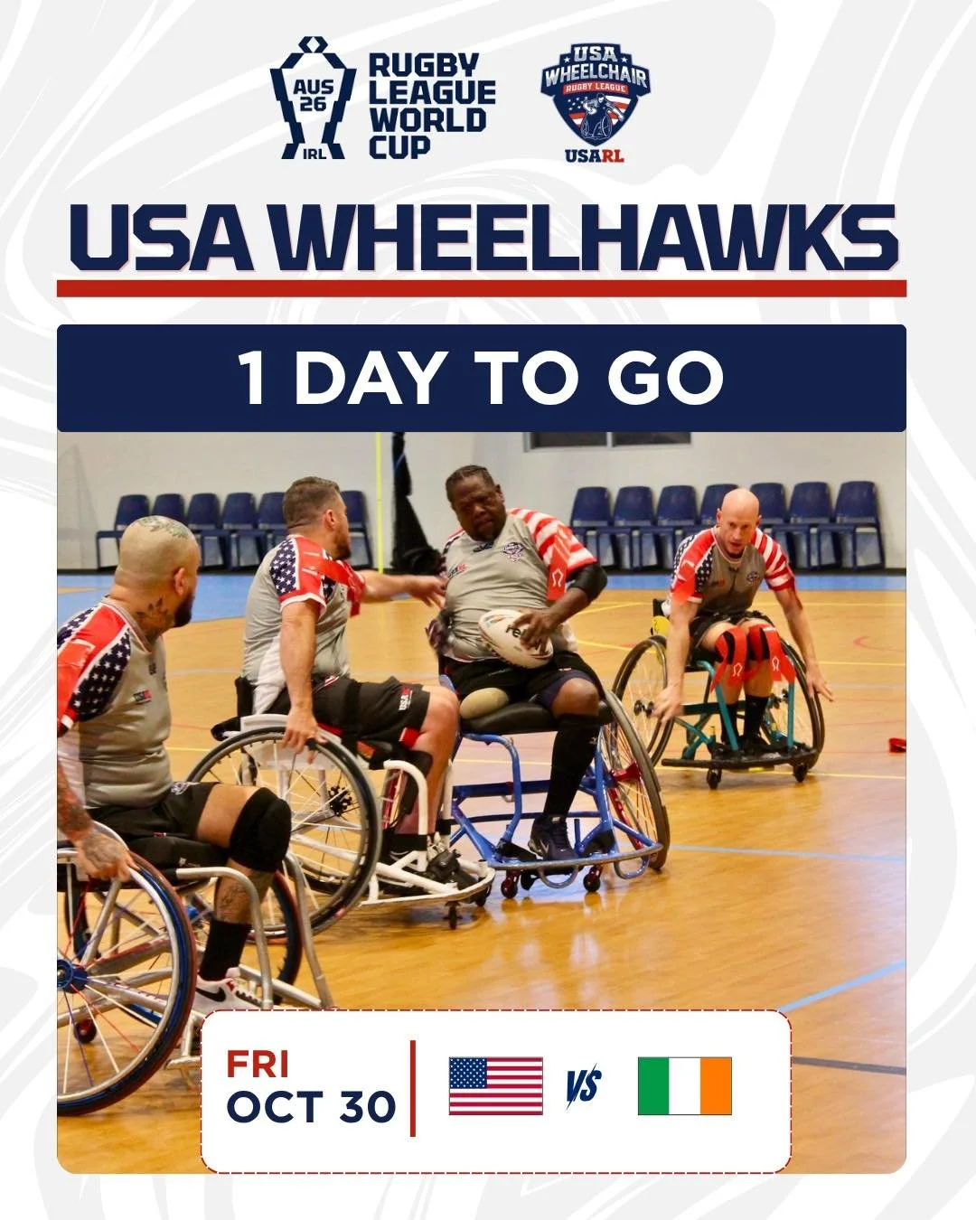 🇺🇸 1 DAY TO GO

The USA WheelHawks are one day away from opening their Rugby League World Cup campaign!

USA vs Ireland
Friday, October 30
1 PM AEDT

#USARL #USAWheelHawks #RugbyLeagueWorldCup #WheelchairRugbyLeague