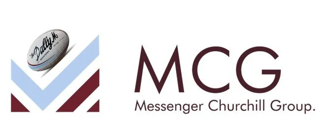 Logo for Messenger Churchill Group featuring a football with the text 'Daily M' and a chevron design in blue, light blue, and maroon.