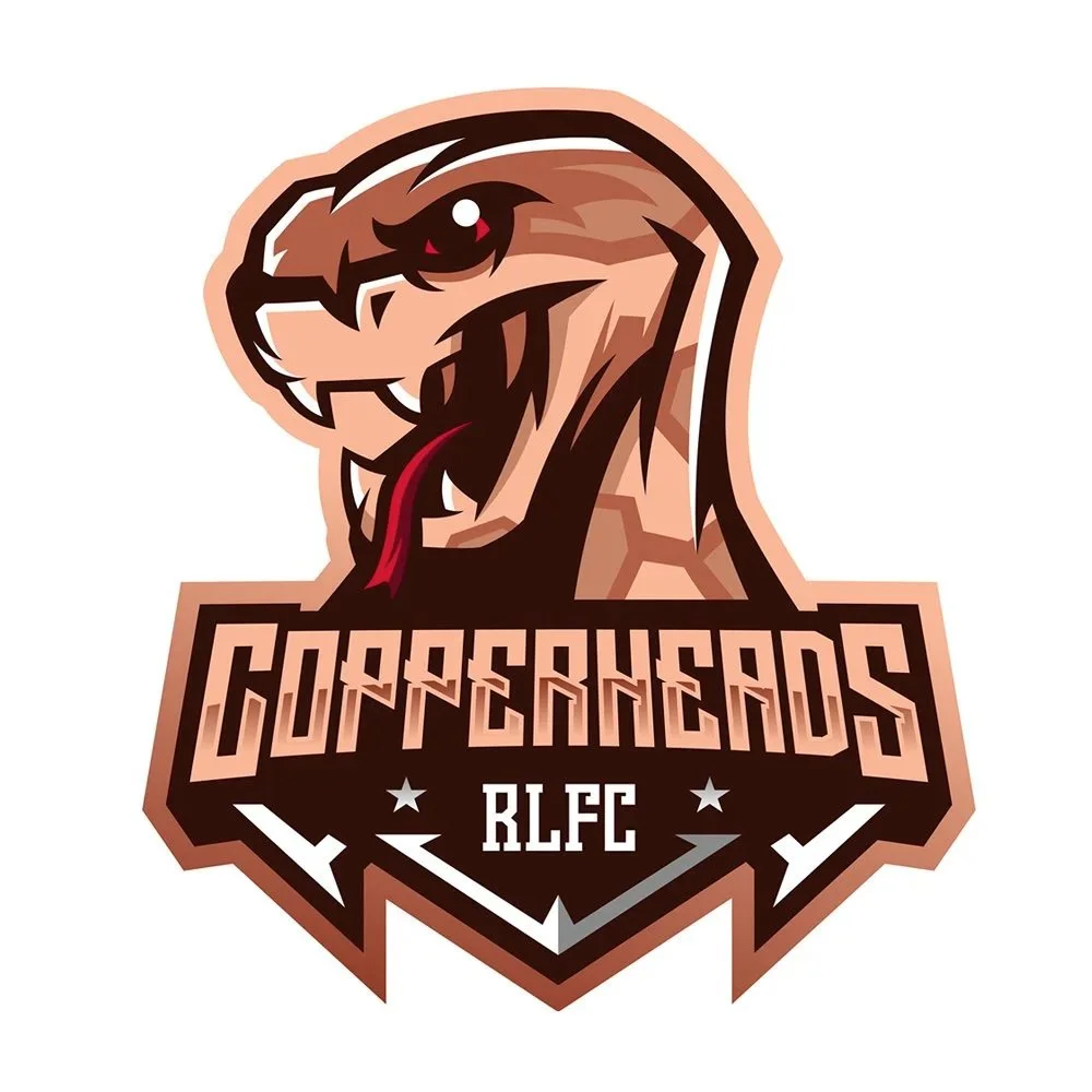 A sports team logo featuring a fierce T-Rex dinosaur with red eyes and an open mouth showing sharp teeth. Text on the logo reads 'Coppersheds RLFC' with a shield design and decorative elements.