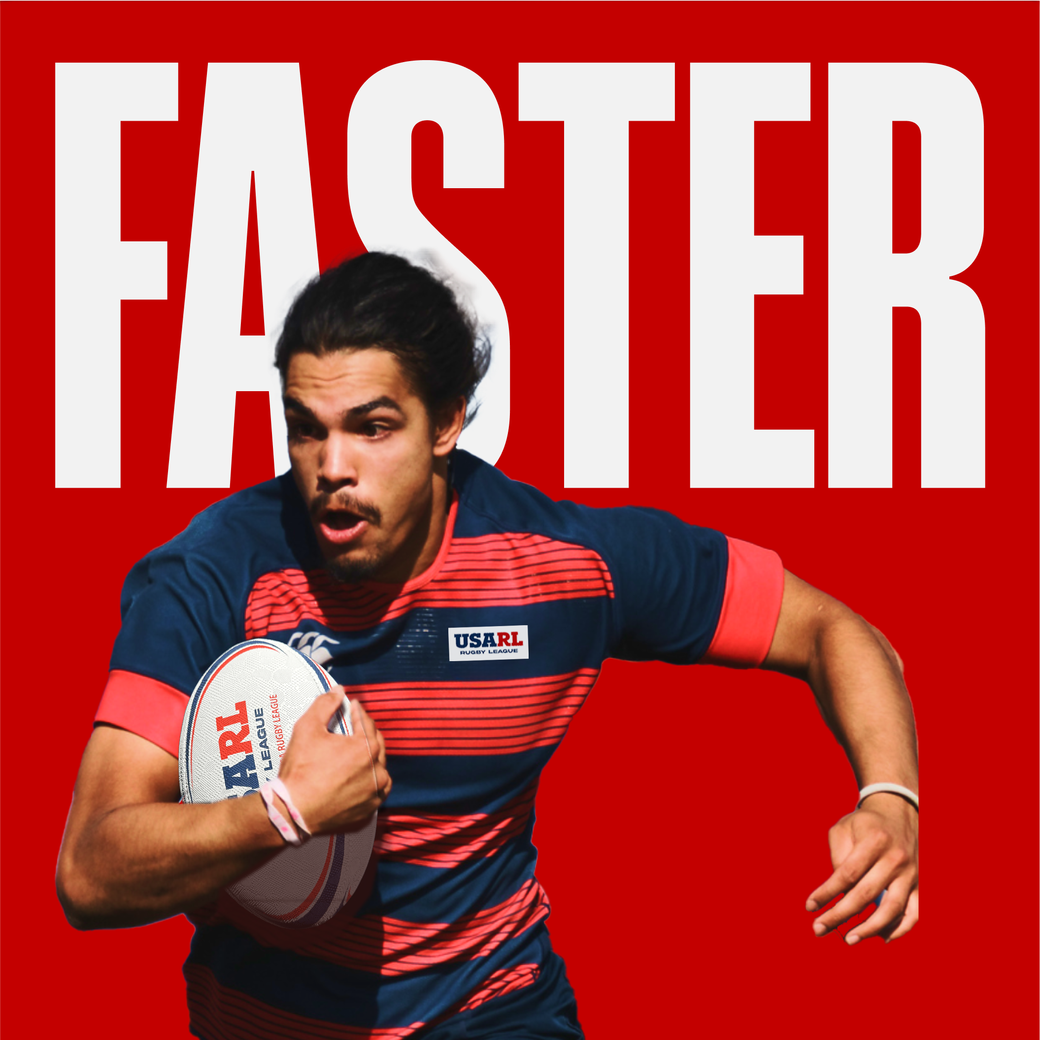 A man with dark hair and facial hair holding a rugby ball, running with a surprised or intense expression on a bright red background with large white text saying 'EASIER'.
