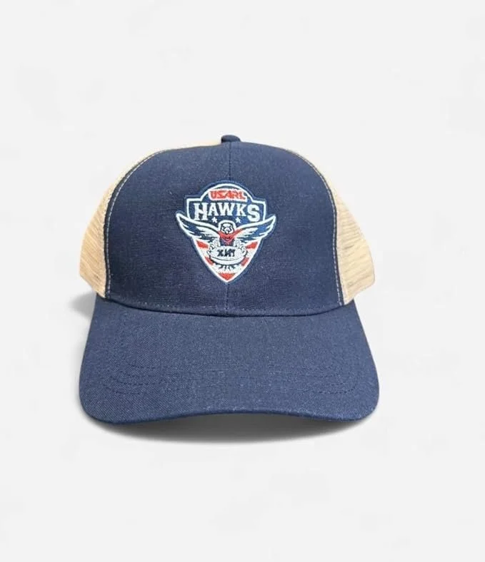 Blue and beige mesh trucker hat with a USA Hockey Hawks patch on the front