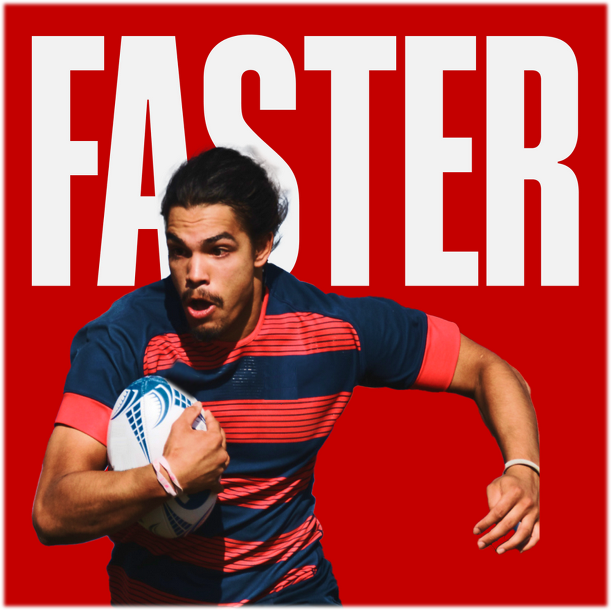 A man with dark hair and facial hair holding a rugby ball, running with a surprised or intense expression on a bright red background with large white text saying 'EASIER'.