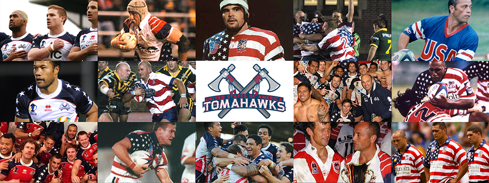 Collage of rugby players, fans, and team logo, featuring American-themed team jerseys and celebrations.