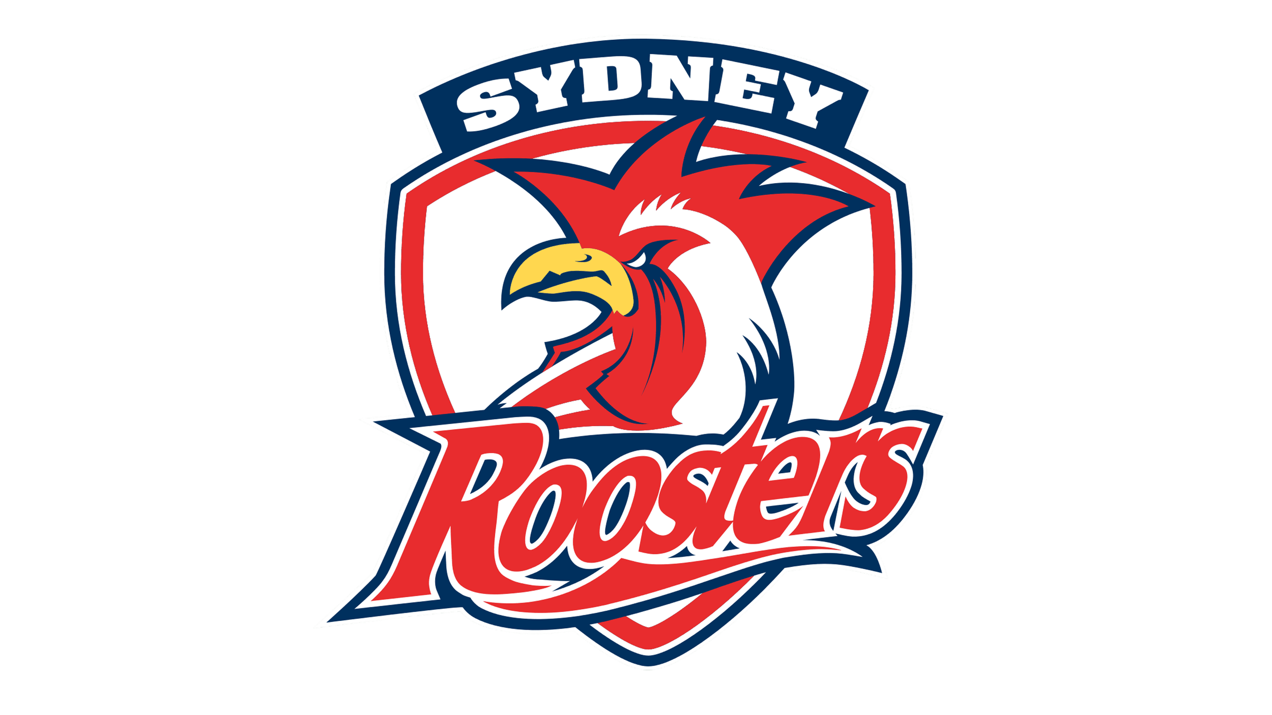 Logo of the Sydney Roosters, featuring a red, white, and blue rooster with a yellow beak and the team name 'Roosters' in bold red text.