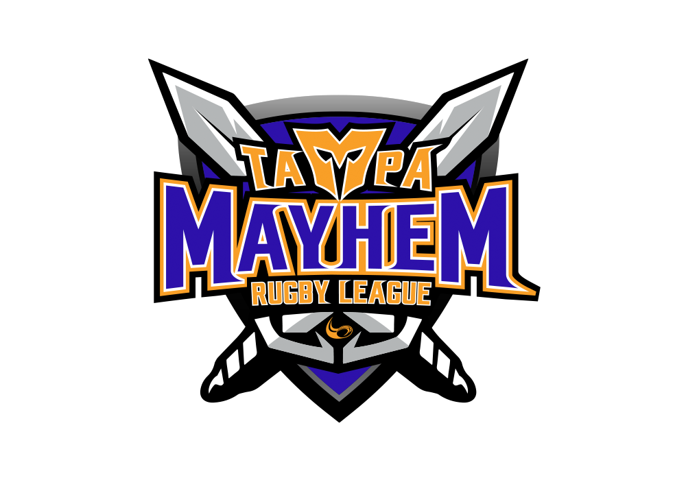 Logo of the Tulsa Mayhem Rugby League featuring a stylized Viking helmet and face paint with bold purple, orange, black, and white text.