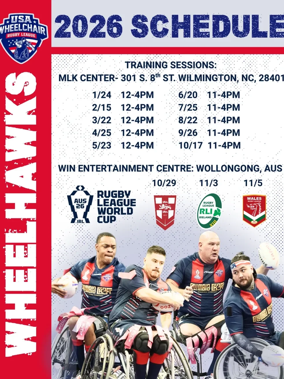 2026 Wheelchair Rugby League schedule with training sessions at MLK Center including dates from January to May, and matches at Wollongong Entertainment Centre on October 29, November 3, and 5.