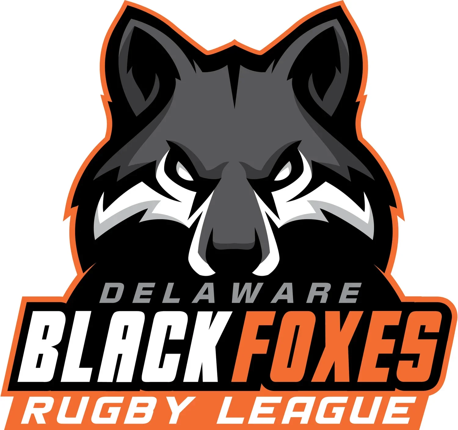 Logo of the Delaware Black Foxes Rugby League featuring a fierce black fox face with pointed ears and orange outline, with the text 'Delaware Black Foxes Rugby League' underneath.