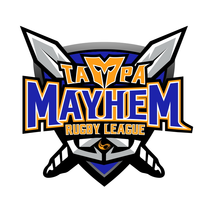 Logo for the TAPA Mayhem Rugby League featuring a Viking helmet with swords, a shield background, and bold team text.