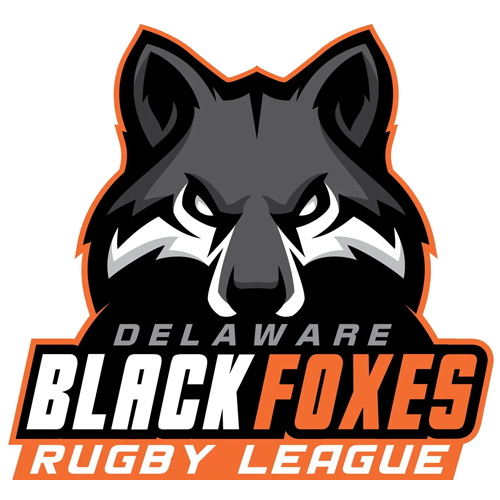Logo of the Delaware Black Foxes Rugby League featuring a fierce black fox head with white and gray details, orange outline, and bold text.