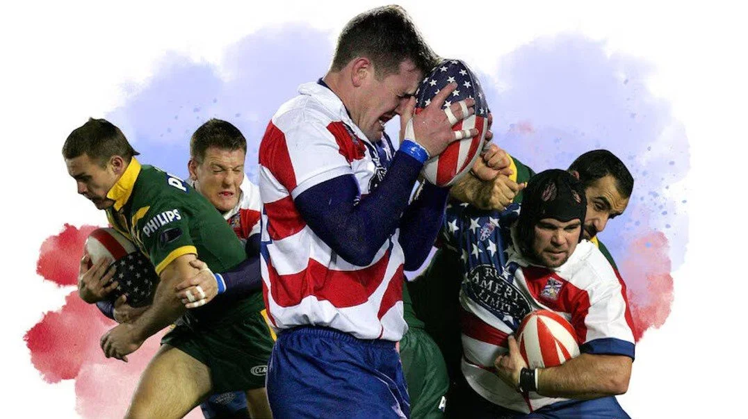 Rugby players in patriotic uniforms holding rugby balls with watercolor background