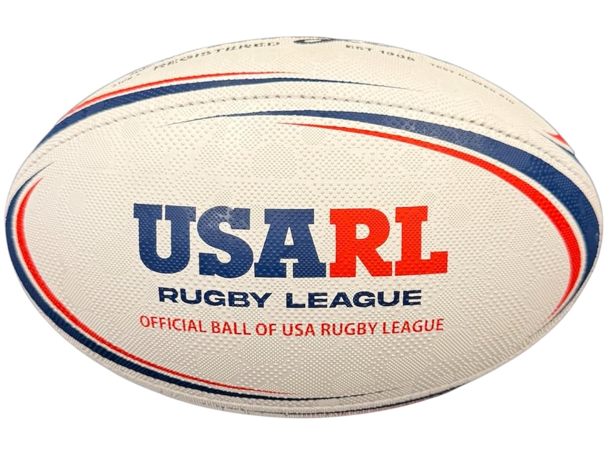 Official white rugby ball with red and blue accents, featuring the text 'USA RL Rugby League' and 'Official Ball of USA Rugby League' printed on it.