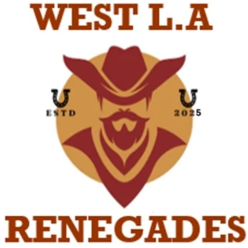 Logo featuring a stylized cowboy with a mustache and goatee, wearing a hat, with the text 'West L.A. Renegades' and horseshoes, 'ESTD 2025'.