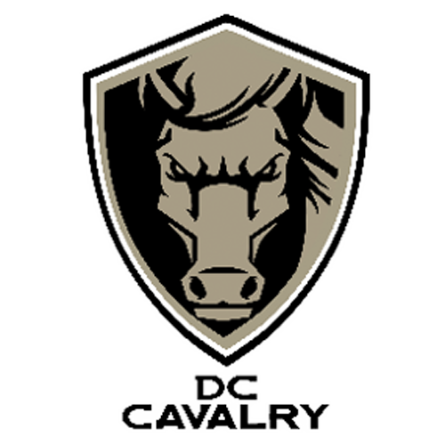 A black and white logo of a stylized horse's head enclosed in a shield, with the text 'DC Cavalry' below.