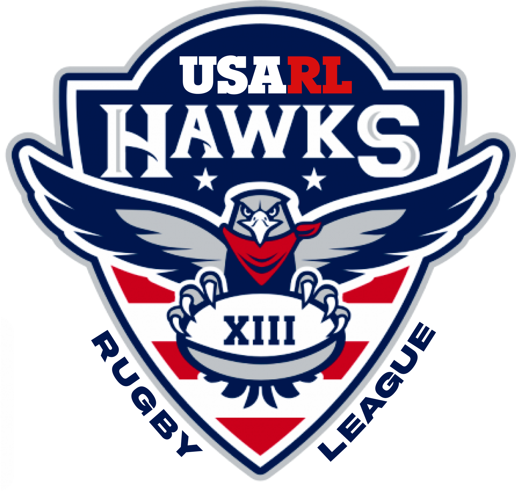 Logo of a patriotic eagle holding a football with Roman numerals XIII, featuring the text 'USA R L Hawks' and 'Rugby League'.