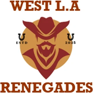 Logo featuring a stylized cowboy with a mustache and goatee, wearing a hat, with the text 'West L.A. Renegades' and horseshoes, 'ESTD 2025'.