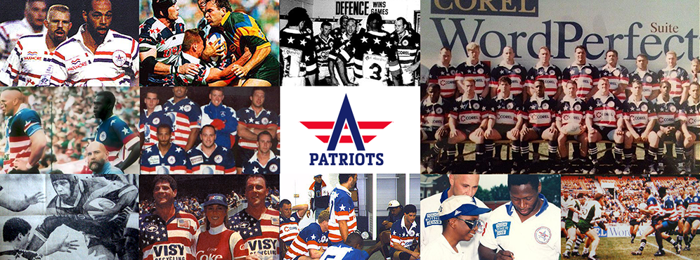 A collage of American football and team photos featuring players in patriotic red, white, and blue uniforms with stars and stripes, team group portraits, and team logos, centered around a Patriots logo.