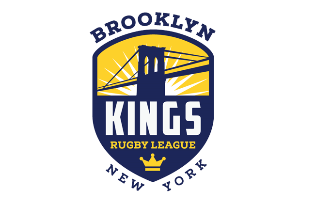 Logo of Brooklyn Kings Rugby League featuring a bridge, sun rays, a crown, and text indicating Brooklyn Kings, Rugby League, and New York.