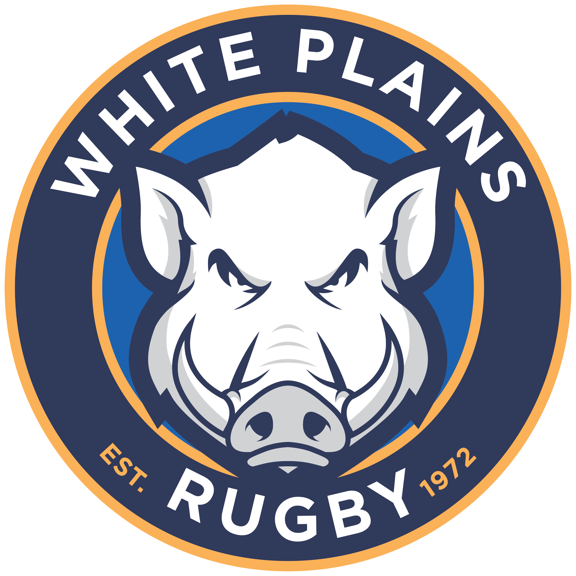 Logo of White Plains Rugby with a fierce boar's face in the center, surrounded by a navy and orange circular band that says 'White Plains' at the top, and 'Rugby' with 'Est. 1972' at the bottom.