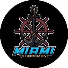 MIAMI SHOREMEN logo featuring an anchor intertwined with a snake, with the team name in blue and black text.
