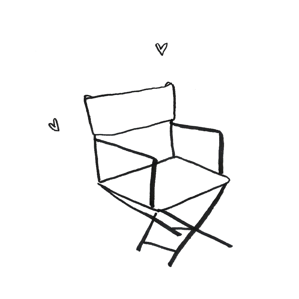 A simple black and white sketch of a folding chair with hearts drawn around it.