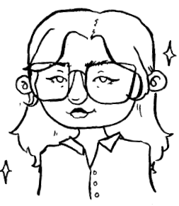 A black and white illustration of a woman with glasses, shoulder-length hair, and wearing a collared shirt, smiling.