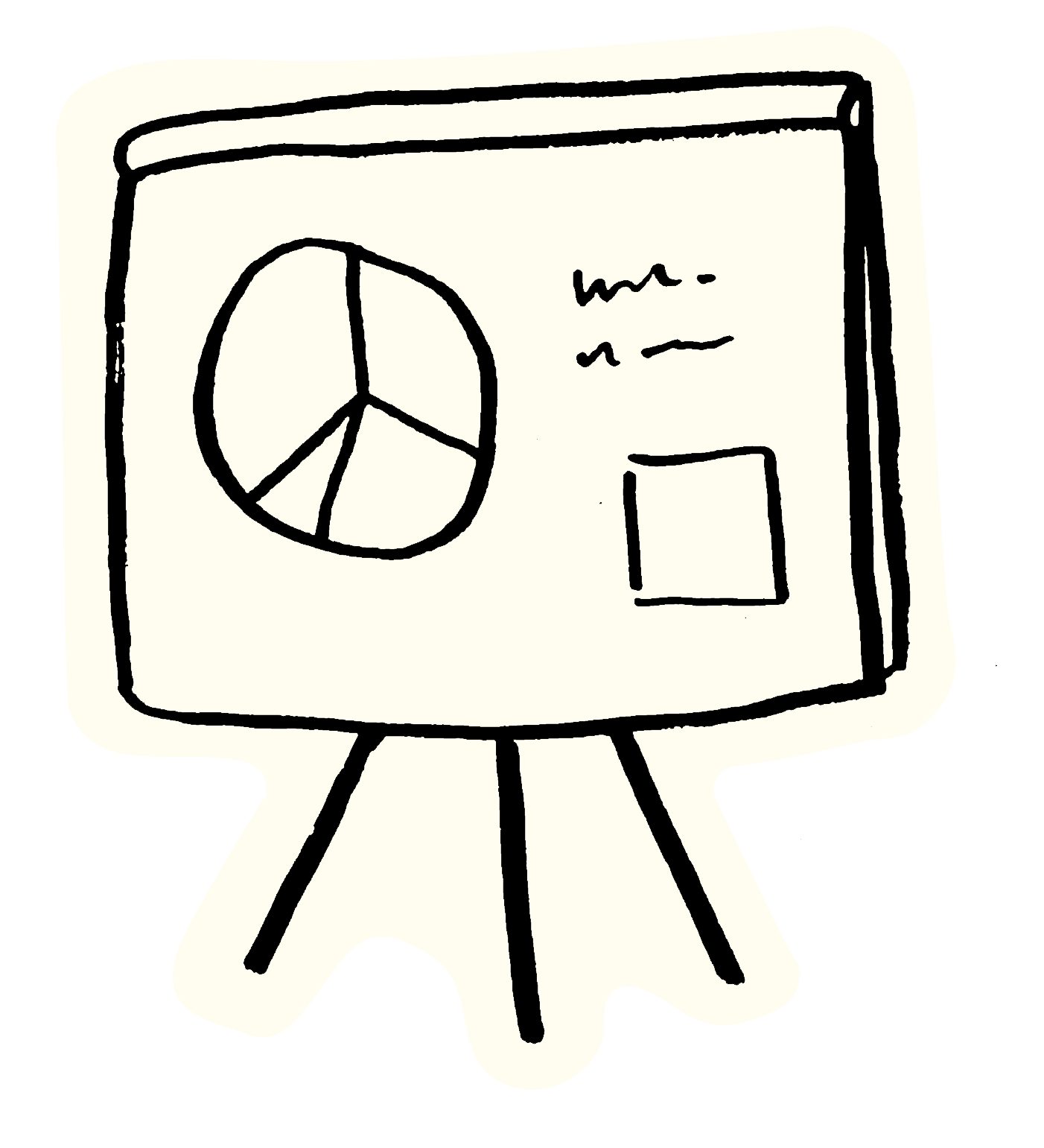 A hand-drawn illustration of a presentation board on a tripod stand with a pie chart, some lines of text, and a bar graph.