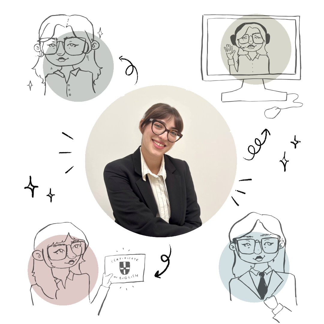 A woman with short brown hair, glasses, and a black blazer smiling with crossed arms, surrounded by sketches of her in various professional settings and a computer screen showing her waving.