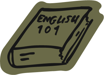 Illustration of a book titled 'English 101' with a tear on the cover.