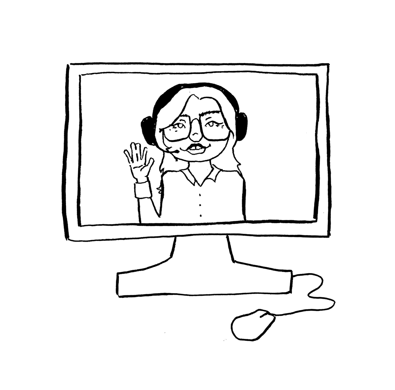 Sketch of a person waving hello on a videocall.