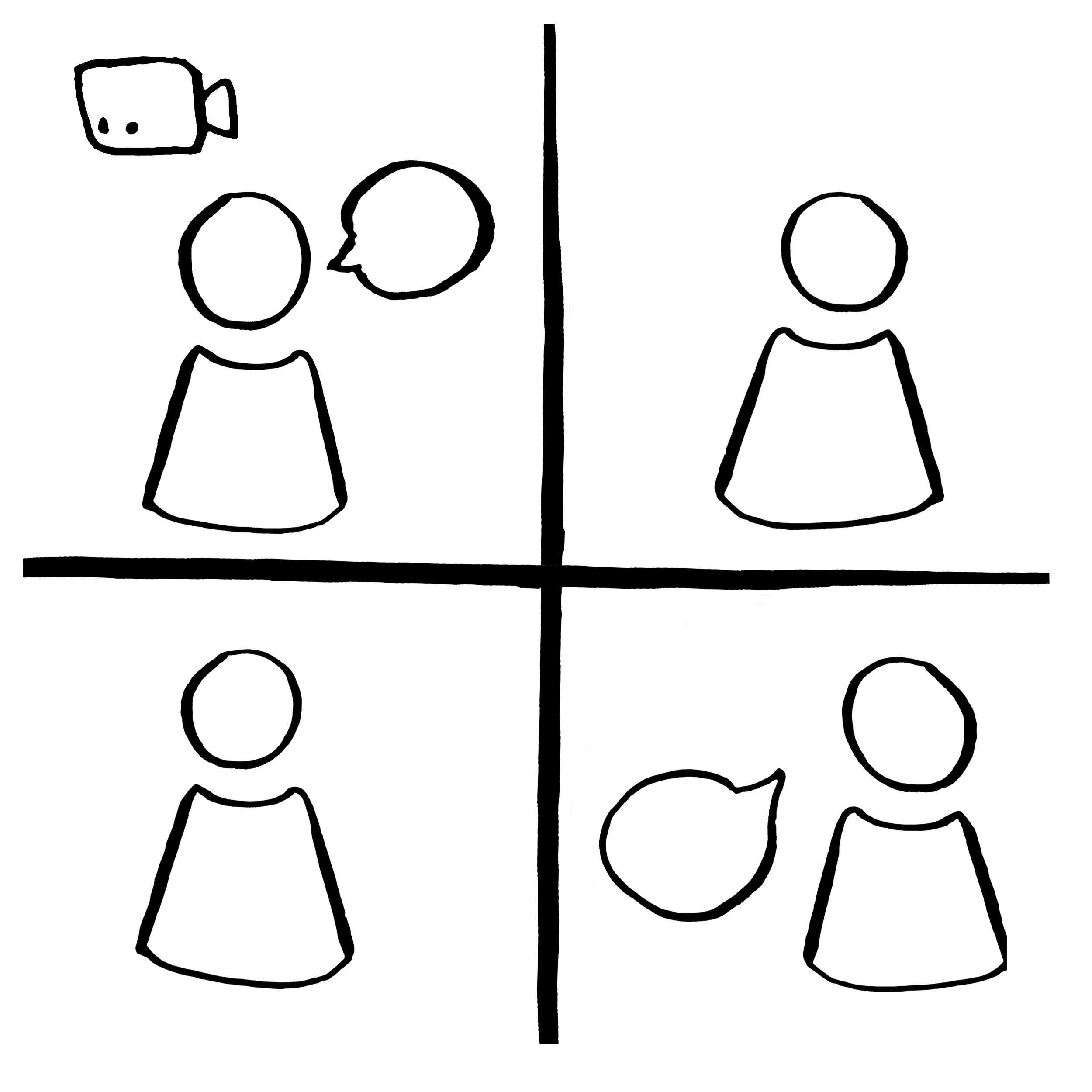 Black and white outline illustration of two people separated by a vertical line, with coffee cups and circles indicating conversations or chat bubbles.