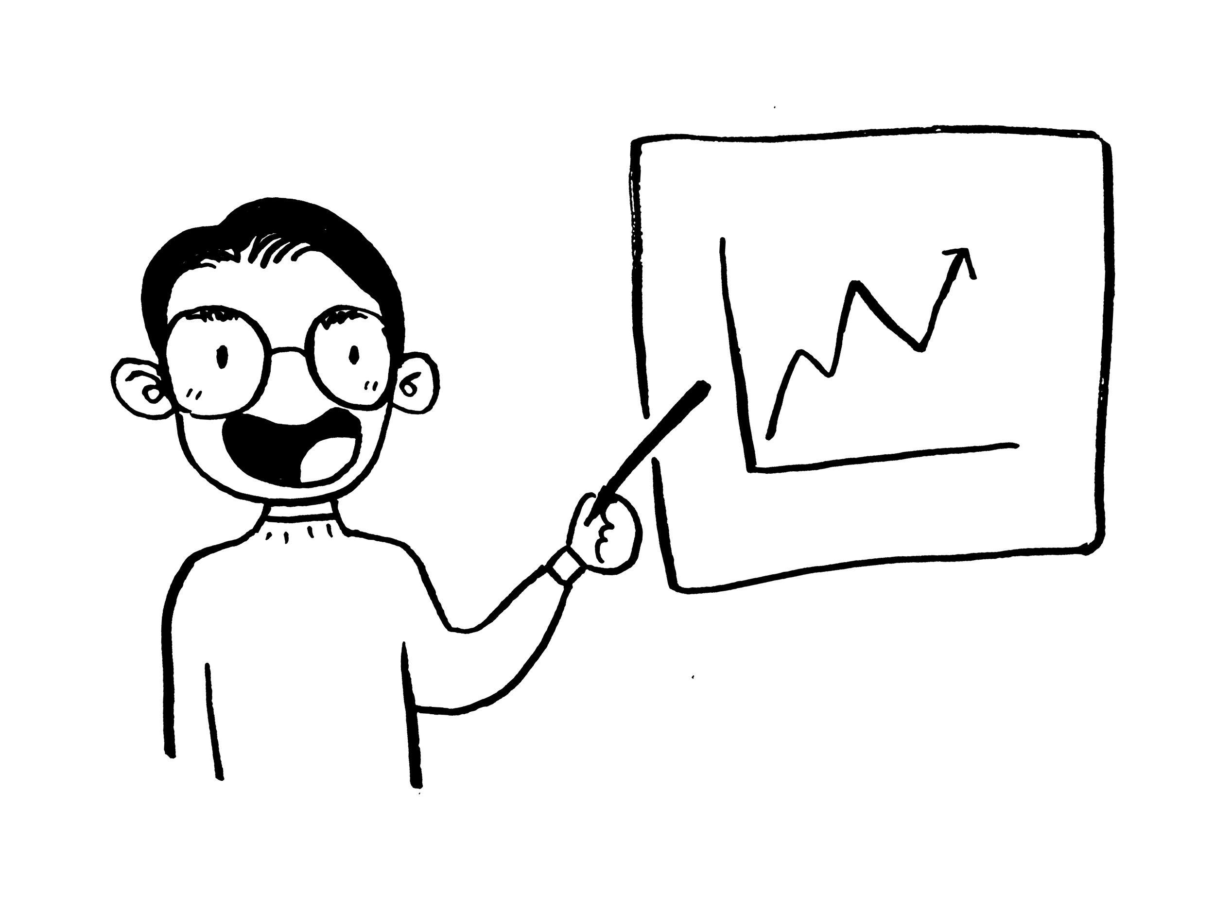 Silhouettes of a person giving a presentation with a line graph on a chart behind them.