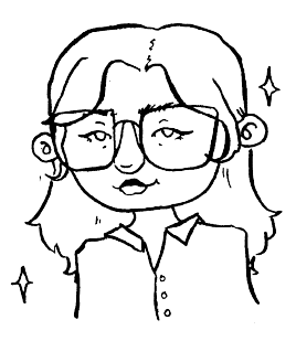 Line drawing of a girl with glasses and long hair, smiling, with stars around her.