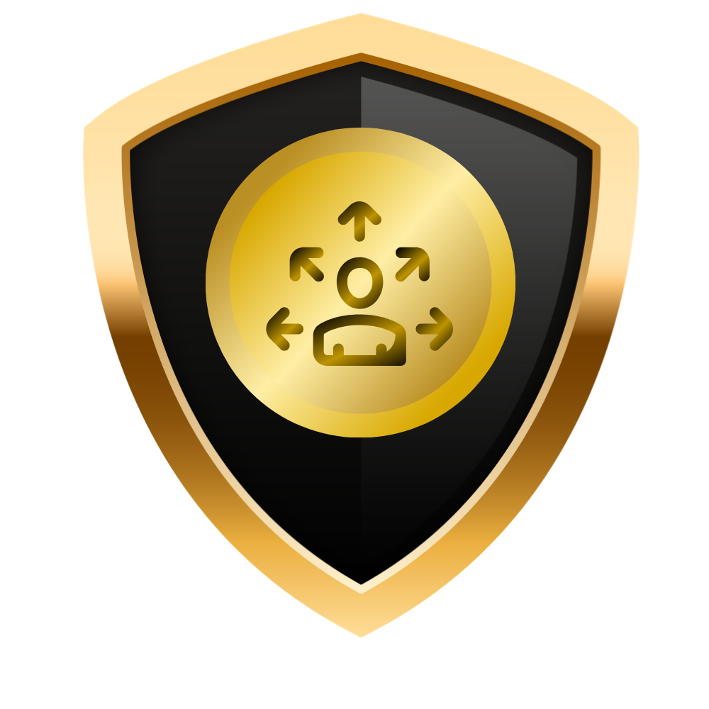 A shield emblem with a black background and a gold border, featuring a gold circular central symbol with arrows pointing in all directions and a face in the middle, representing security or protection.