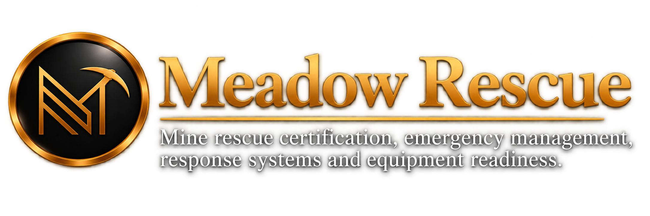 Meadow Rescue logo with a black and gold circular emblem featuring a pickaxe and ladder, and text about mine rescue certification, emergency management, response systems, and equipment readiness.