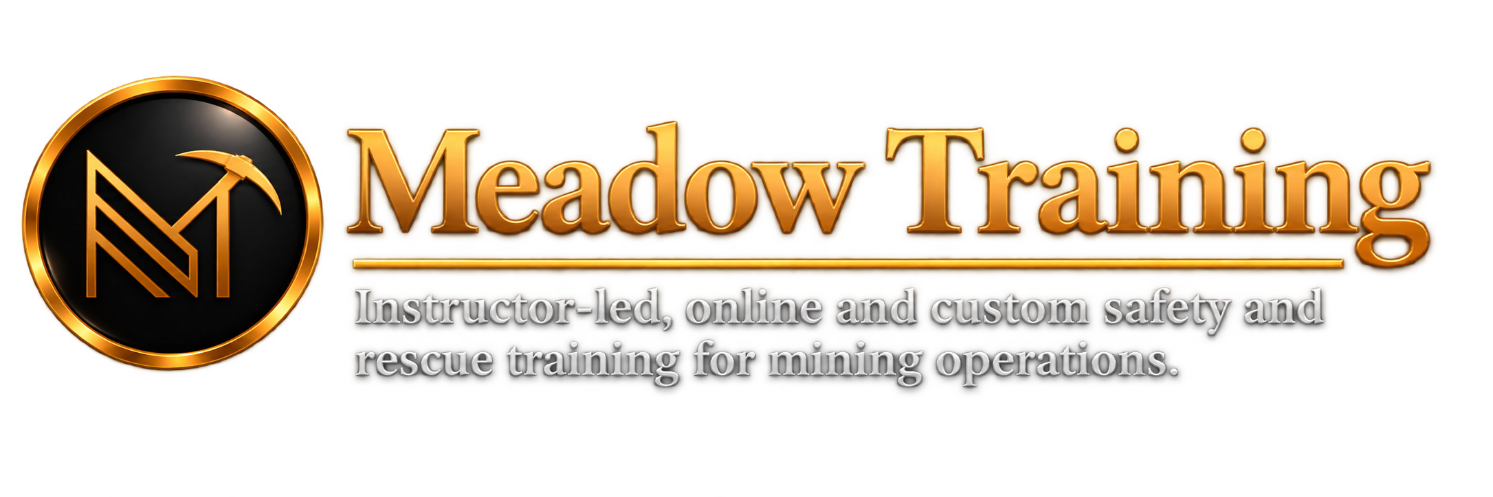 Logo for Meadow Training with a black circle containing orange mining tools and lines, and orange and gray text stating 'Meadow Training Instructor-led, online and custom safety and rescue training for mining operations'.