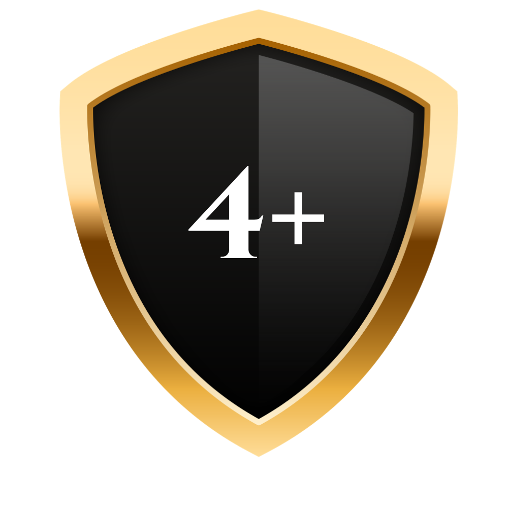 A shield icon with a black center and a gold border, displaying "4+" in white text.