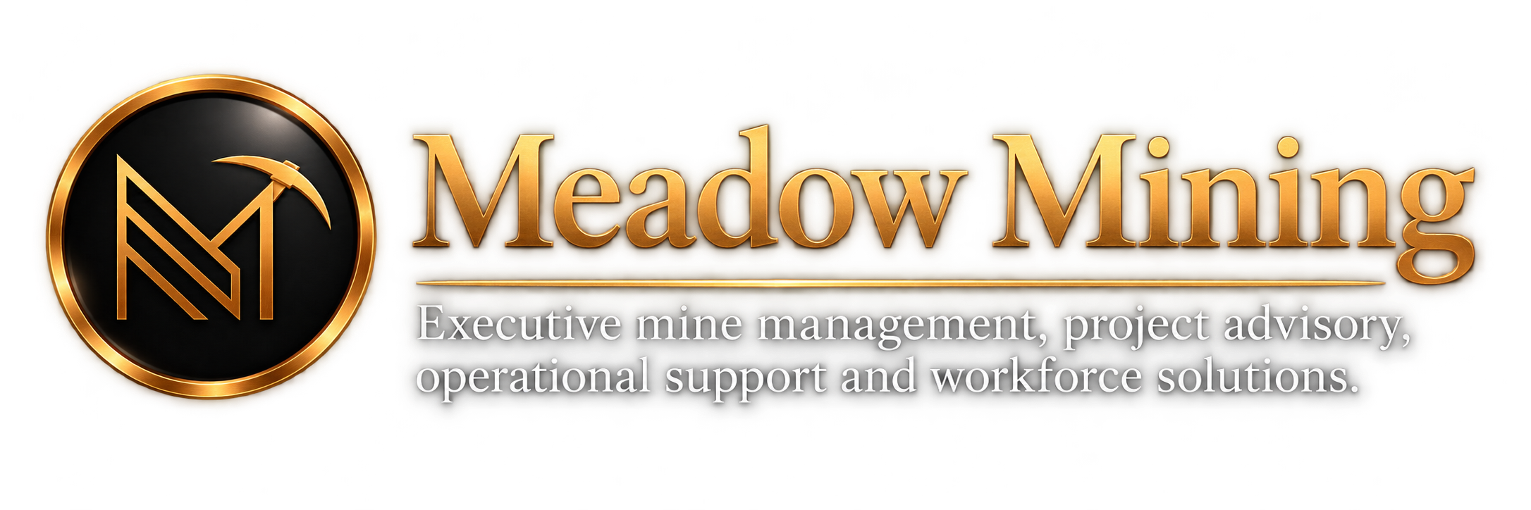 Meadow Minding logo with a black circular emblem featuring a gold pickaxe and the initials MM, and the text 'Meadow Minding' in gold, with a tagline 'Executive mine management, project advisory, operational support and workforce solutions' below.