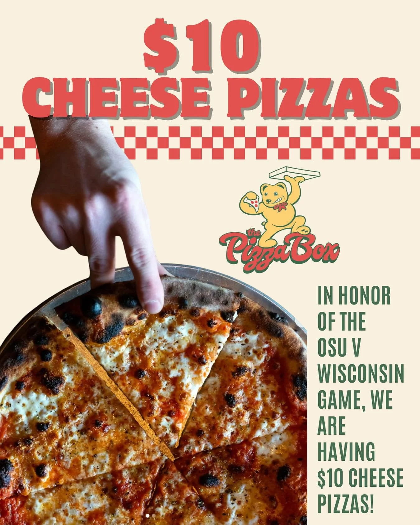 $10 Cheese Pizzas! Go Bucks! 🏈❤️ 10/18 only, get &lsquo;em while you can (football fan not required) 🍕🧀

@ Getaway Brewing and AOH

#OSUfootball #Buckeyes #OSUvWisconsin #Pizza